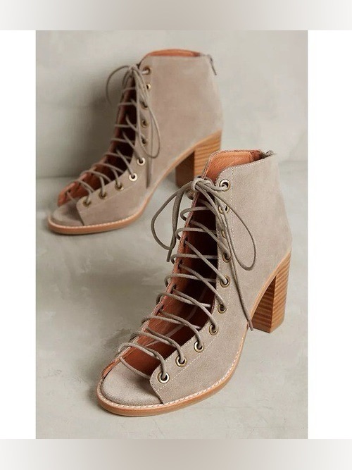 Jeffrey Campbell Cors Taupe Suede Lace-Up Peep-Toe Block Heel Ankle Boots
